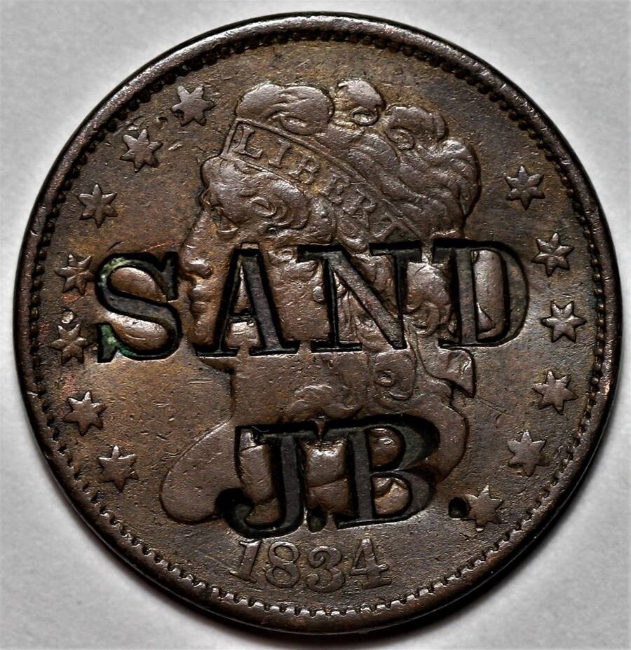1834 Classic Head Half Cent - Counterstamped - US 1/2c Copper Coin