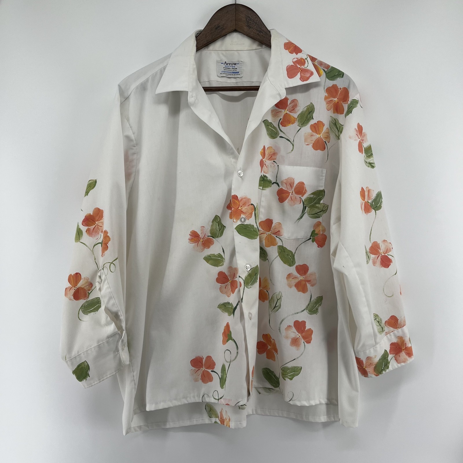 Vtg Arrow Decton Shirt Men 17-36 Sanforized Broadcloth Hand Painted Floral READ
