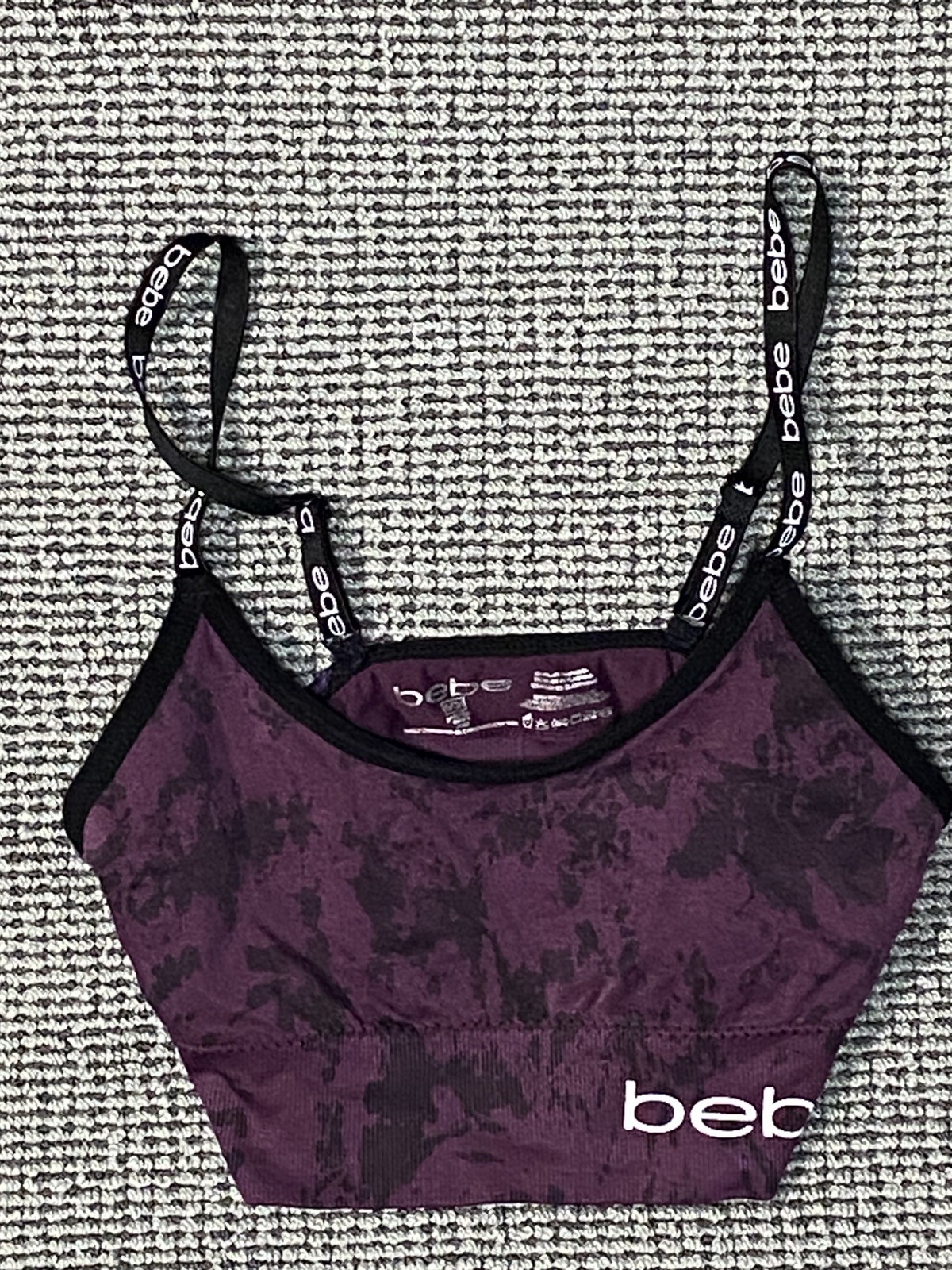 Bebe Sports Bra Size Small Purple tie-dye Pattern Adjustable Straps Big logo Bebe Sports Bra Size Small Purple tie-dye Pattern Adjustable Straps Big logo