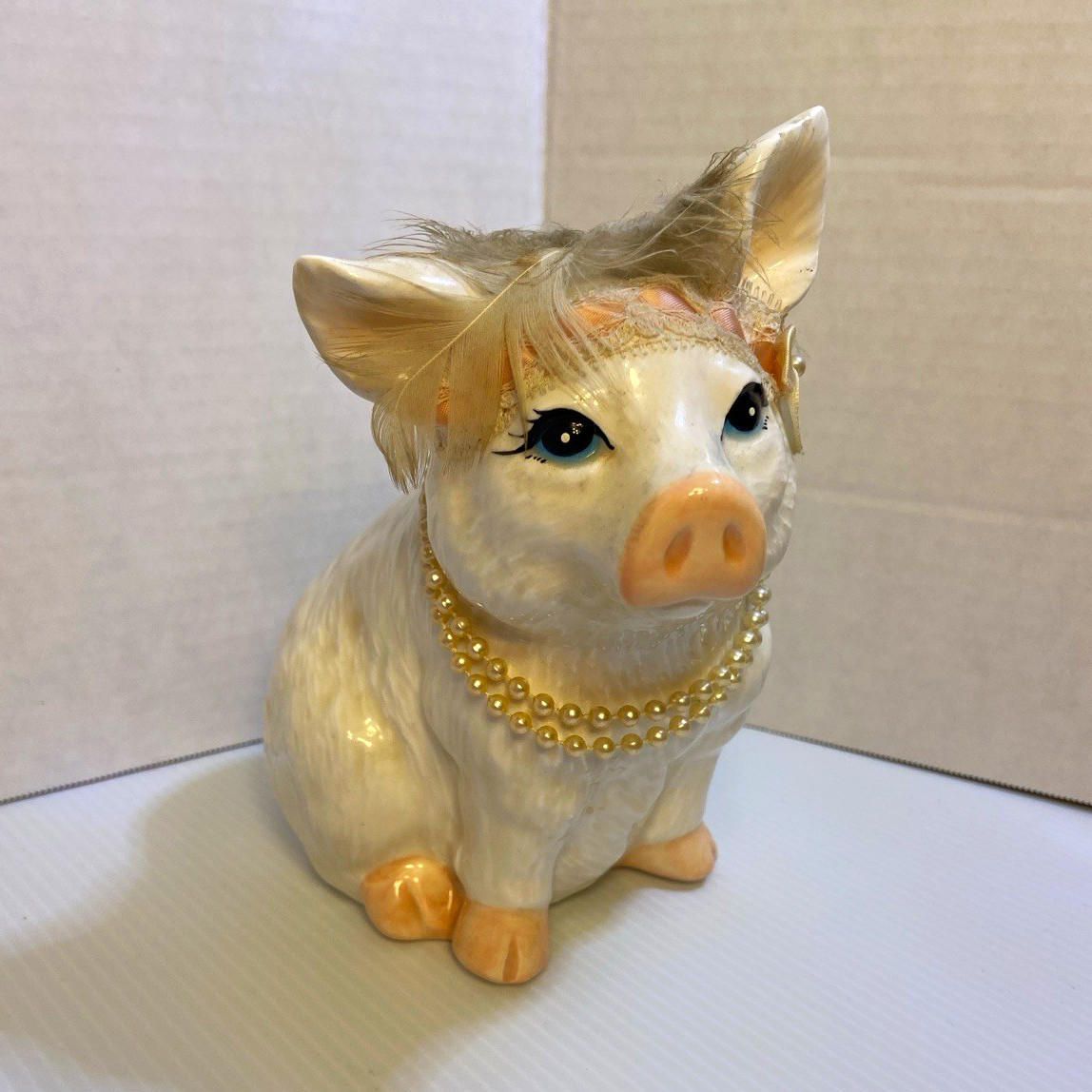 Vintage Kitsch Ceramic Diva Pig Figurine With Feathers Lace Pearls Glamour Sassy