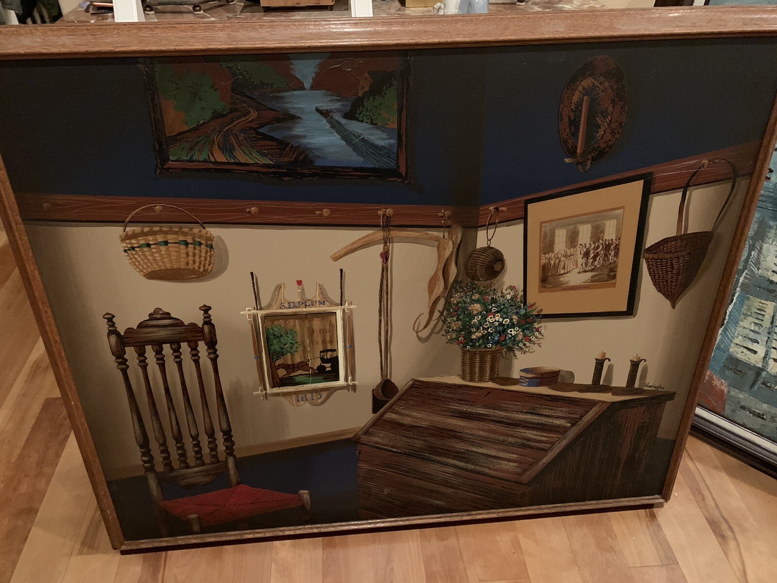 H. Huntington Signed Framed Folk Art Home Original Oil Painting on 36x43 Canvas H. Huntington Signed Framed Folk Art Home Original Oil Painting on 36x43 Canvas