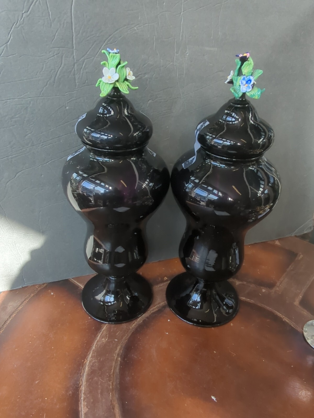 Pair rare Antique Venetian Glass apothecary Jar Urn W/Applied Flowers Lid Finial Pair rare Antique Venetian Glass apothecary Jar Urn W/Applied Flowers Lid Finial