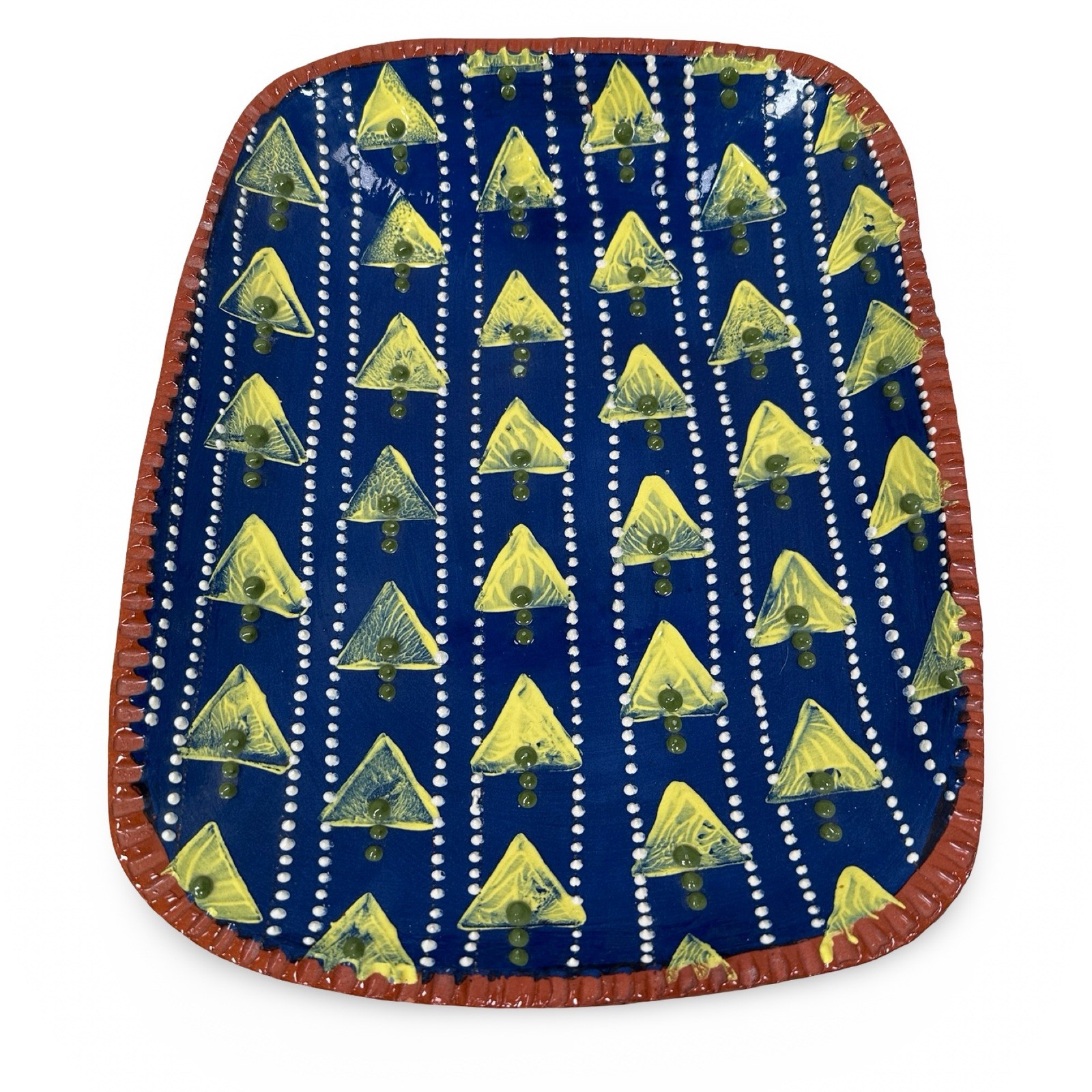 Selinda Kennedy Redware Pottery Platter Blue Yellow Triangle Folk Art Muncy PA