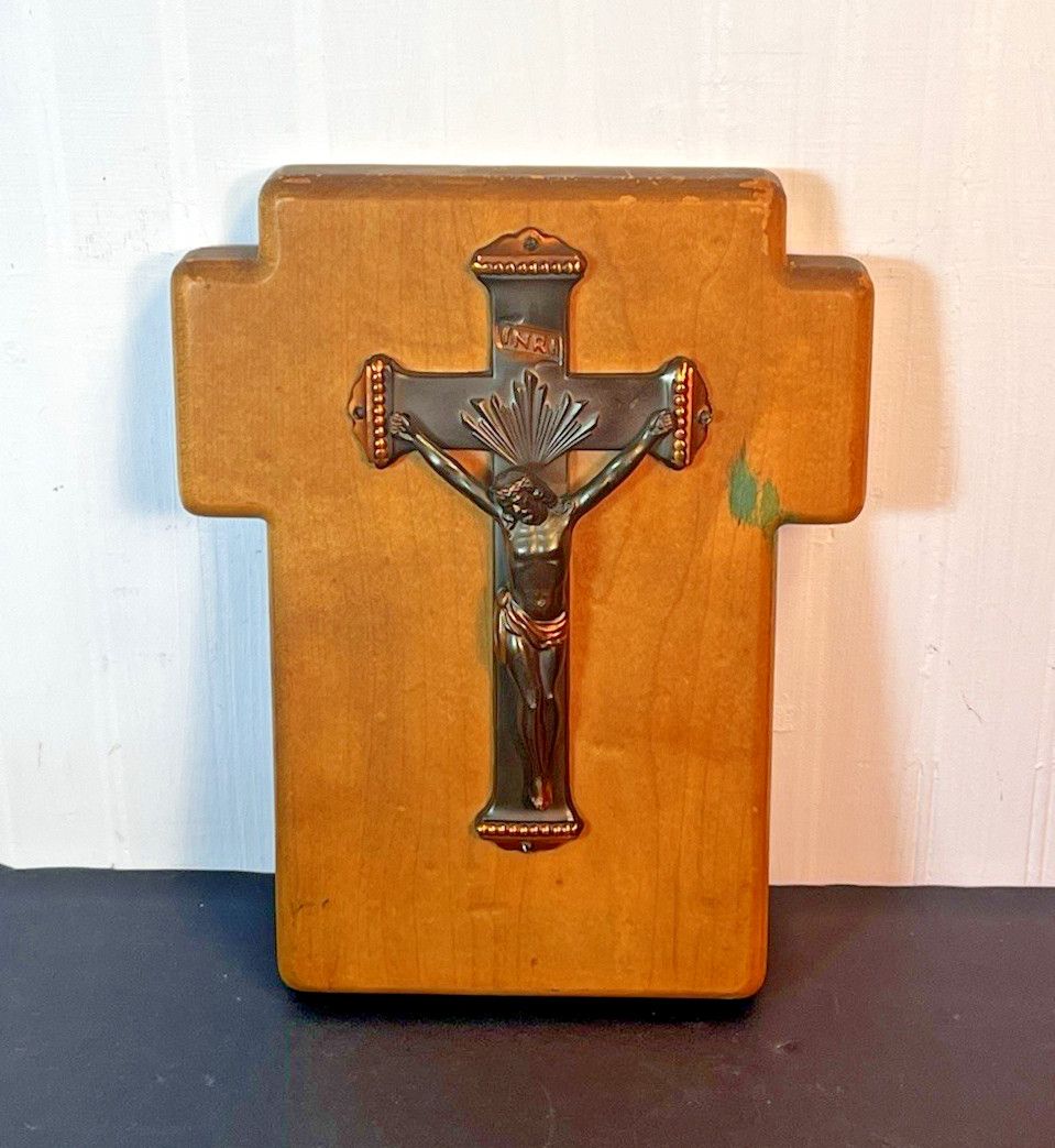 Vintage Mid-Century Solid Bronze Corpus Crucifix  - Wooden Cross Wall Plaque