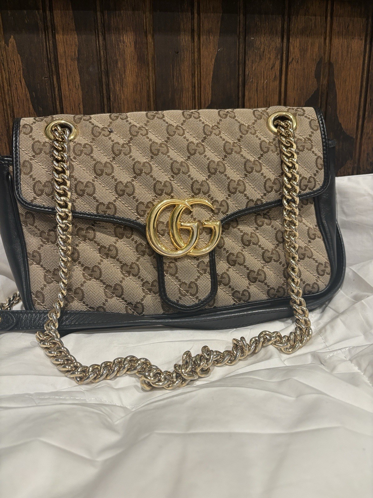 Gucci GG Marmont Flap Bag Diagonal Quilted GG Canvas with Leather Gucci GG Marmont Flap Bag Diagonal Quilted GG Canvas with Leather