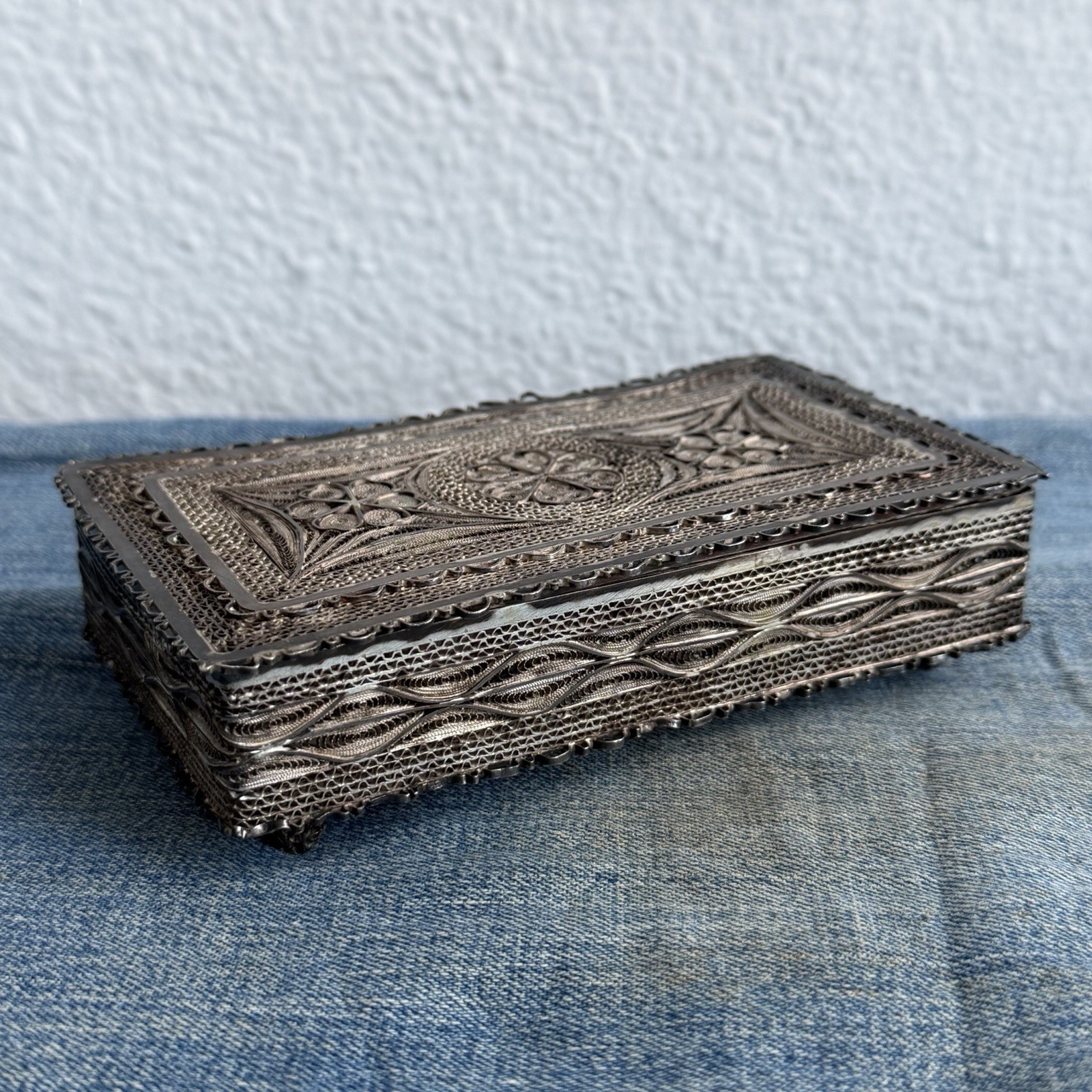 Antique Silver Filigree Trinket Box Ornate Handmade Jewelry Casket 5.25” 168g
