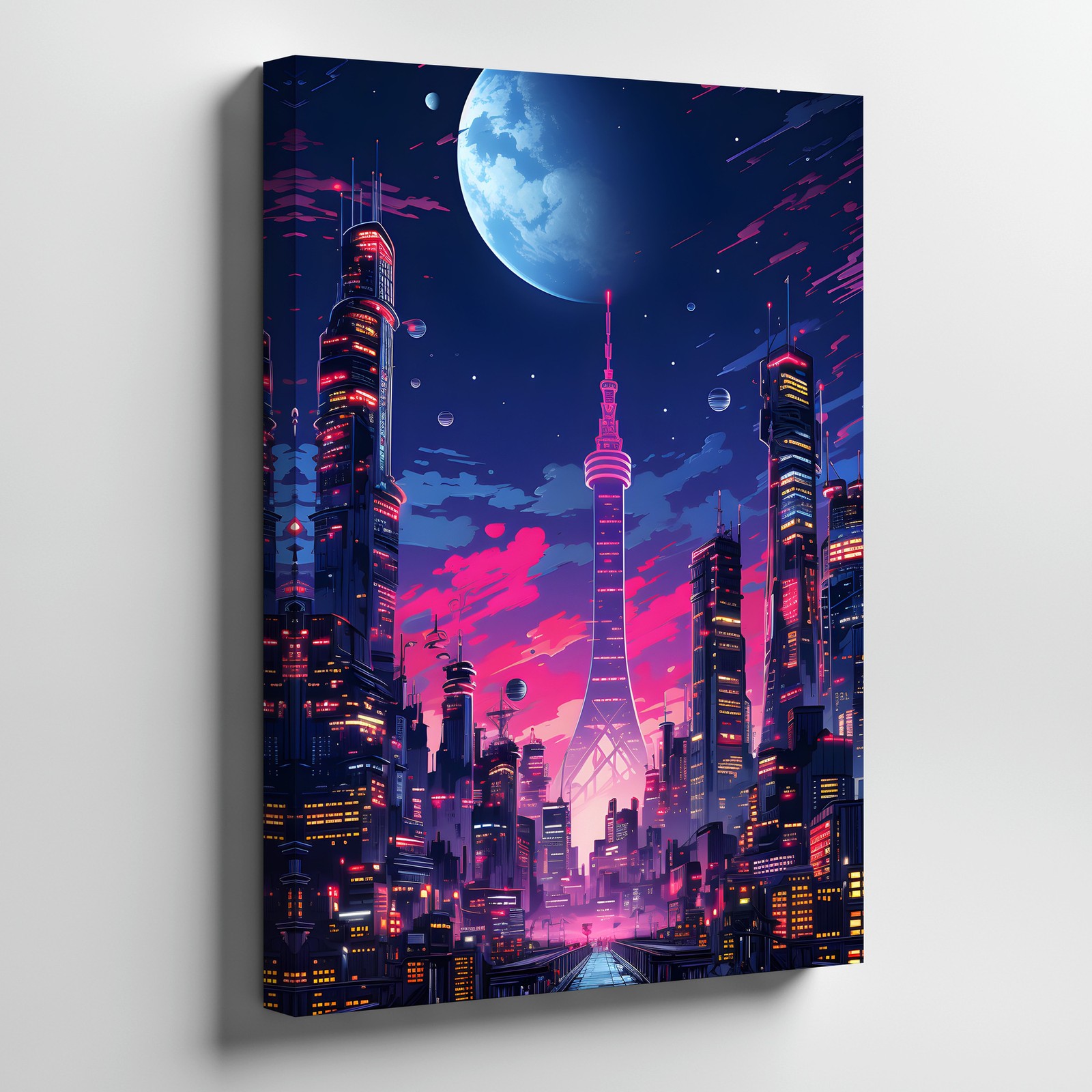 Futuristic Cityscape Canvas Wall Art Neon Skyline Moon Urban Night Scene Print
