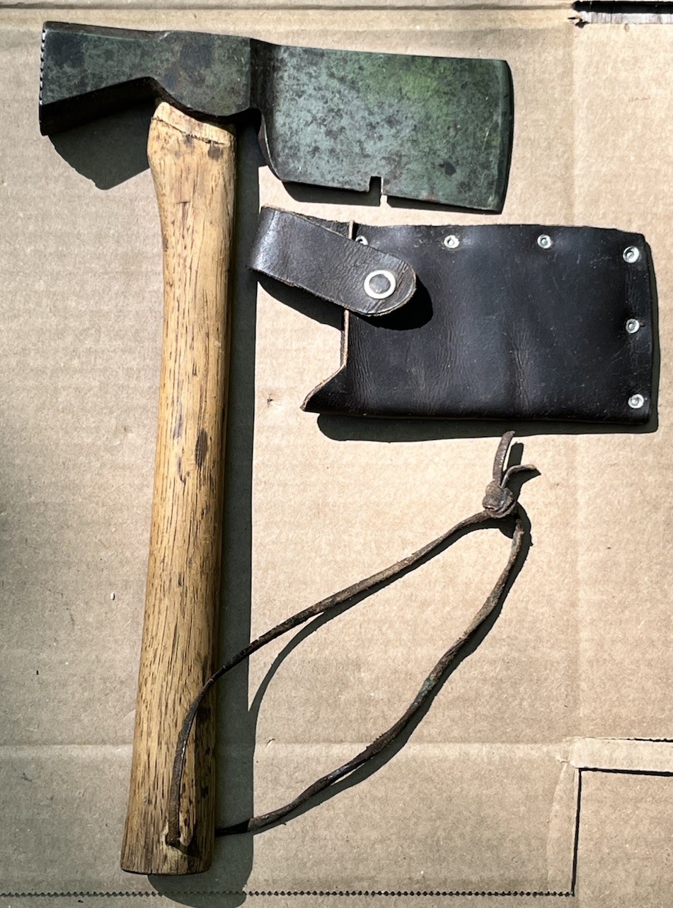 vintage ps & w co. 161 warranted hatchet with leather sheath