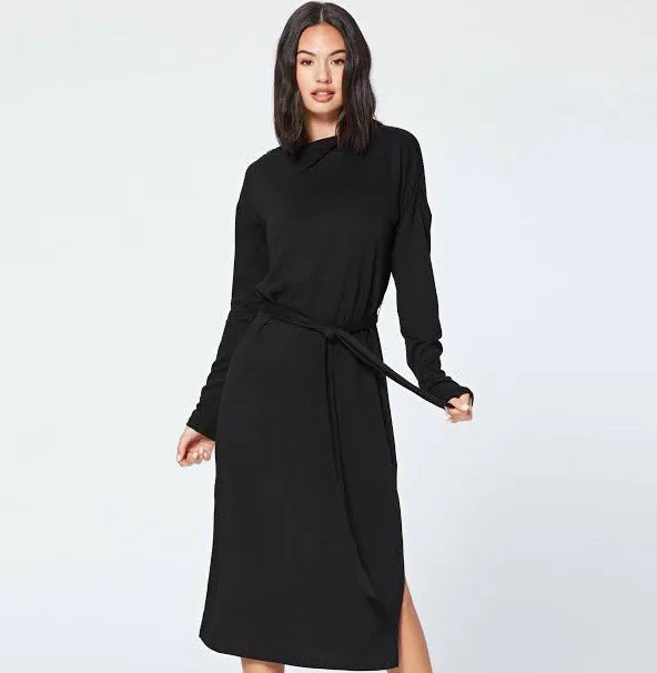 PAIGE Black Knit Long Sleeve Wrap Midi Dress Tie Waist Belted Side Slit XS