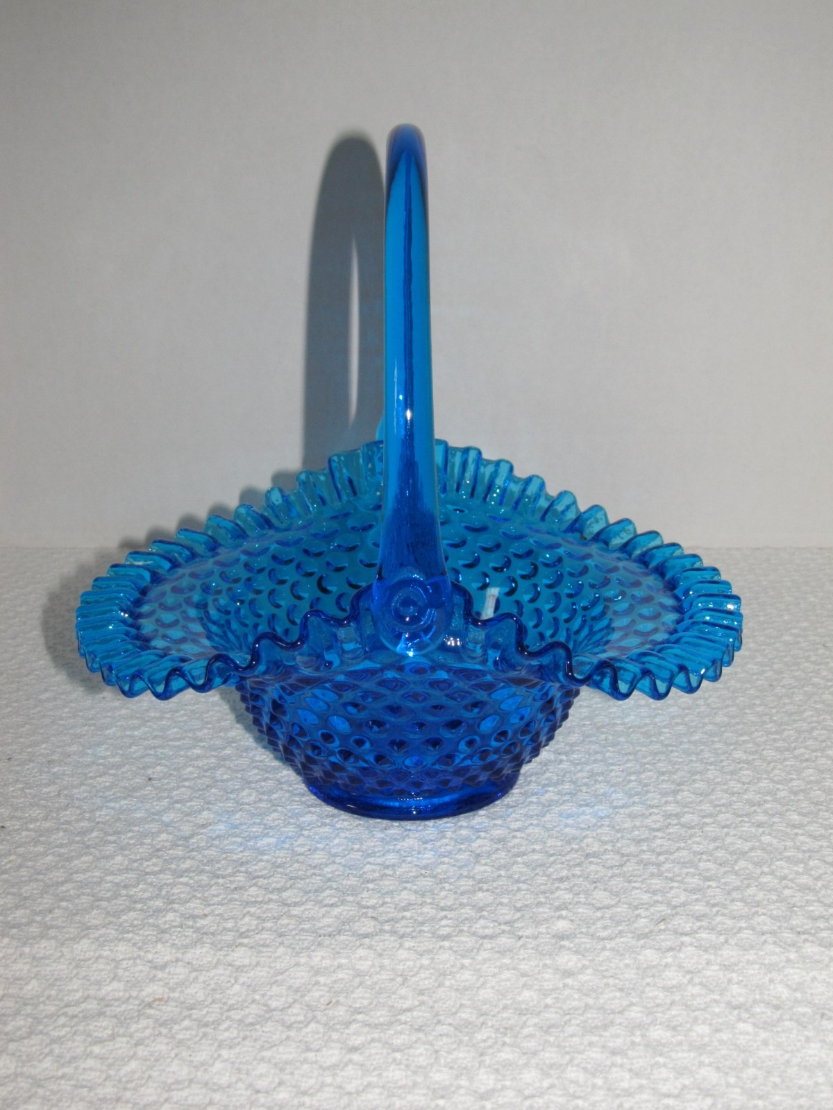 Fenton Art Glass Hobnail Colonial Blue Ruffled Rim Basket Smooth Handle 9 1/2\ Fenton Art Glass Hobnail Colonial Blue Ruffled Rim Basket Smooth Handle 9 1/2\