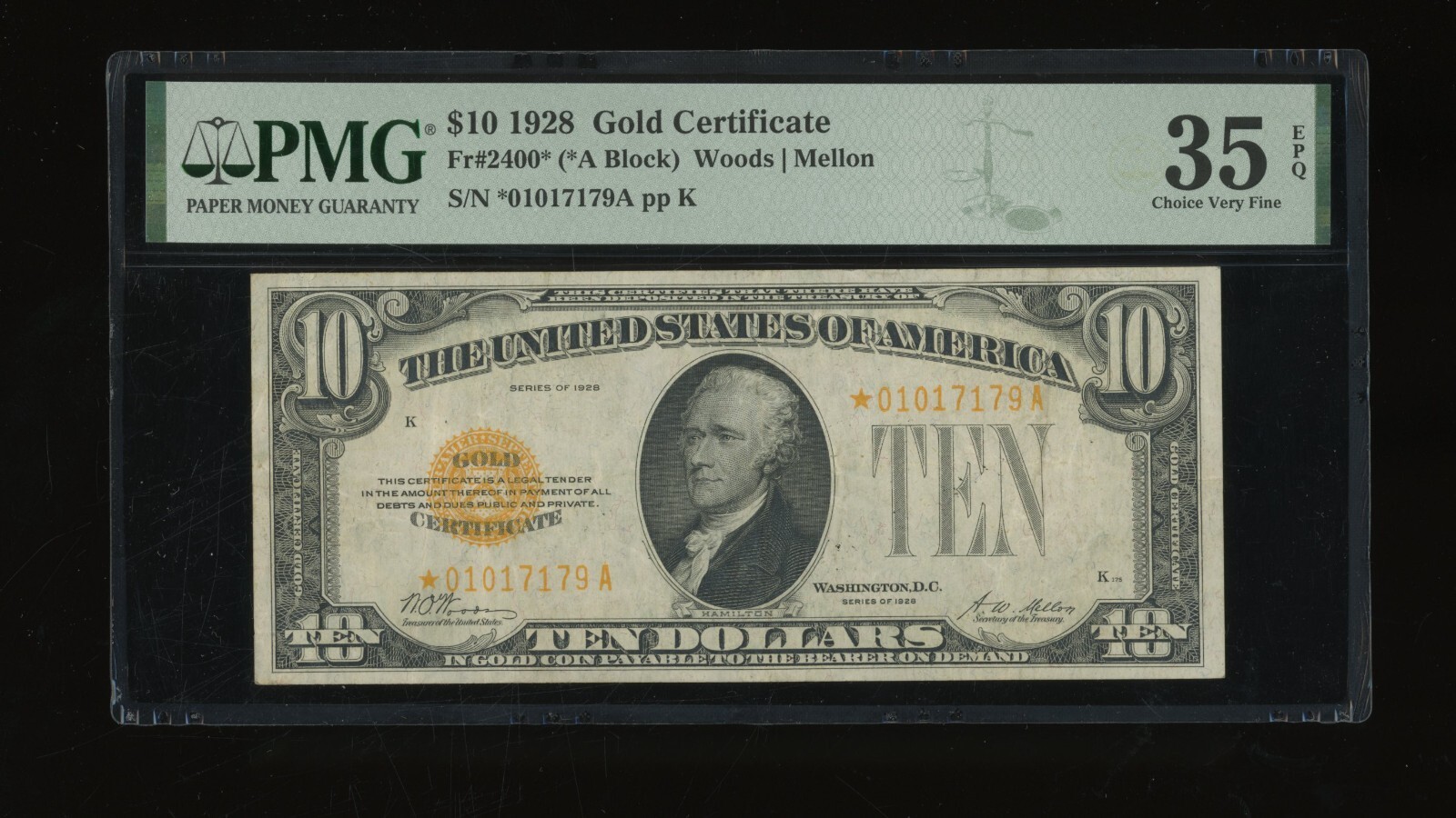DBR 1928 $10 Gold Certificate STAR Fr. 2400* PMG 35 EPQ Serial *01017179A