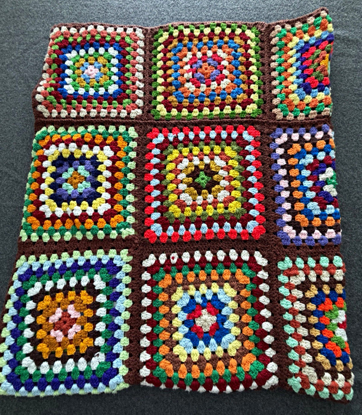 Handmade Crocheted Granny Square Blanket Throw, Multicolor, Brown Border Roseann Handmade Crocheted Granny Square Blanket Throw, Multicolor, Brown Border Roseann