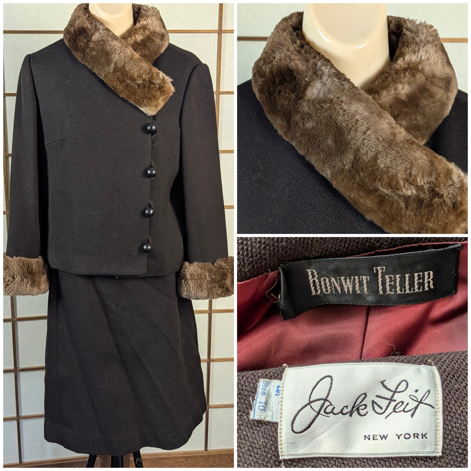 Vtg 1960s Jack Feit Bonwit Teller Wool Suit Mink Fur Collar Mad Men Classic S/M