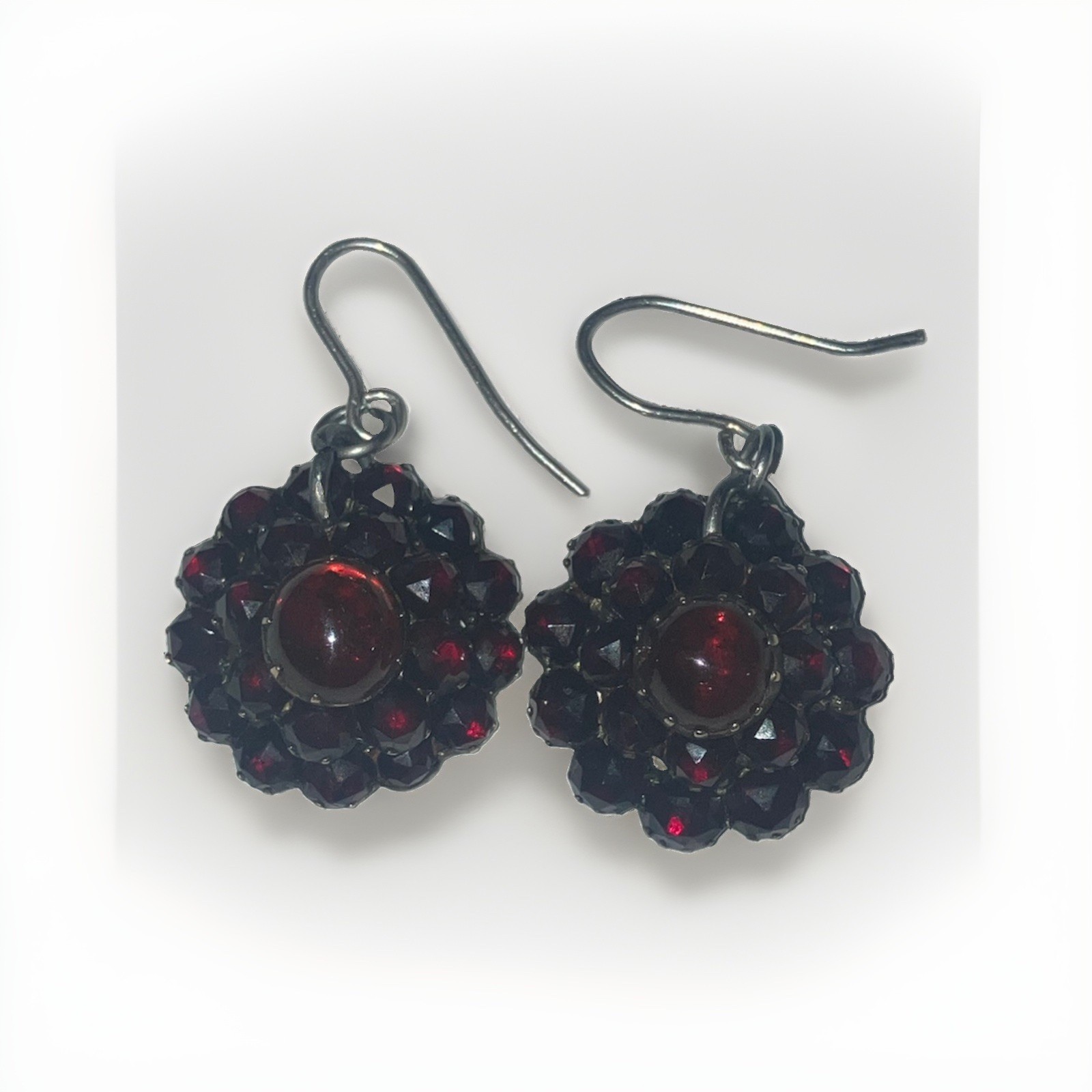 RARE Antique Bohemian Garnet Gold Gilt Earrings- Rose Cut, Sterling Hooks RARE Antique Bohemian Garnet Gold Gilt Earrings- Rose Cut, Sterling Hooks