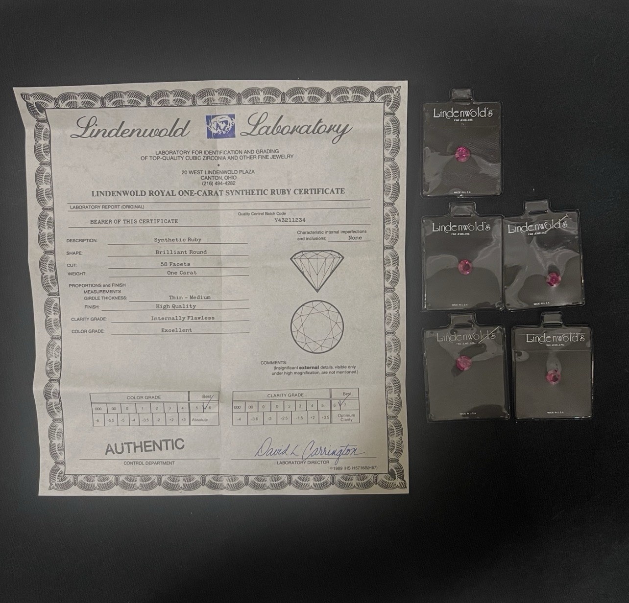 Vintage 5 Lindenwold 1 Carat Synthetic Red Rubys W/certificate Authentic Vintage 5 Lindenwold 1 Carat Synthetic Red Rubys W/certificate Authentic