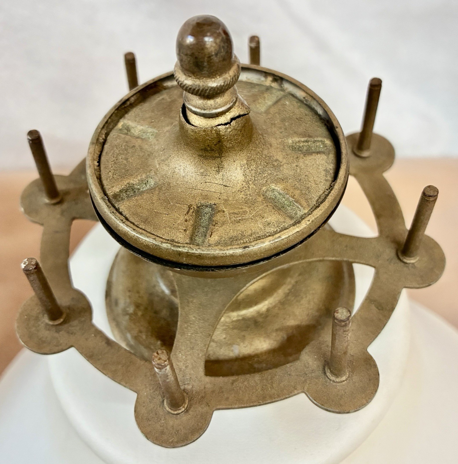 Antique 19th century metal thread spool holder w/place for cushion pins-needles.