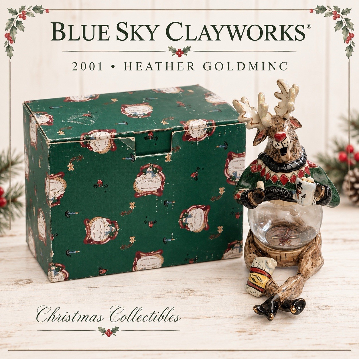 Blue Sky Clayworks 2001 Heather Goldminc Reindeer Hot Coco Snow Globe W/Box Blue Sky Clayworks 2001 Heather Goldminc Reindeer Hot Coco Snow Globe W/Box