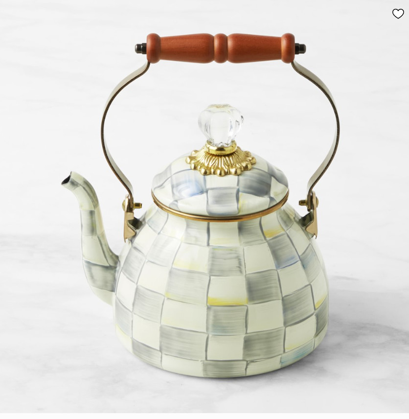 MacKenzie-Childs Sterling Check Tea Kettle Enamel Steel Stovetop Teapot MacKenzie-Childs Sterling Check Tea Kettle Enamel Steel Stovetop Teapot