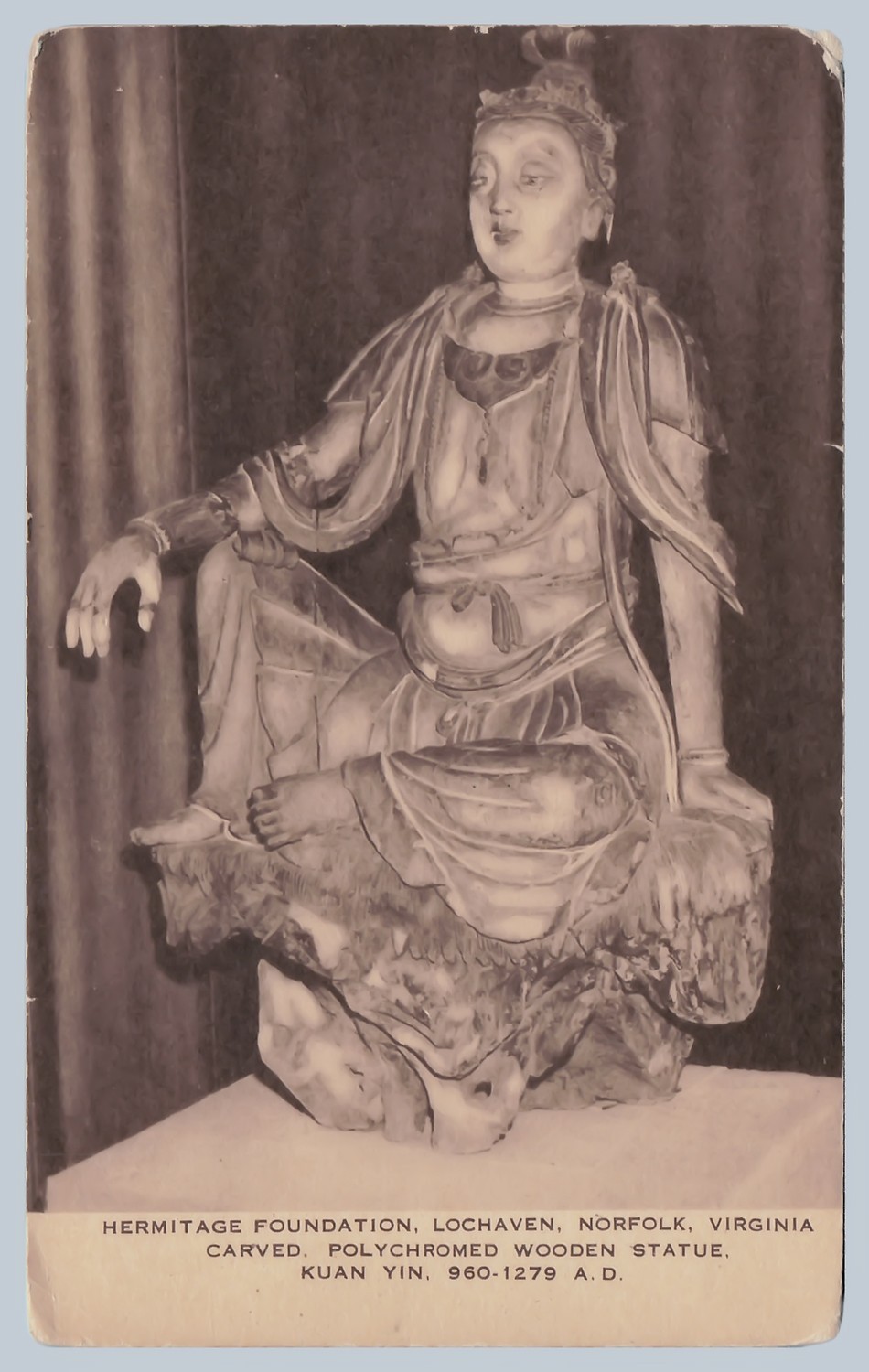 Kuan Yin 960-1279 AD Chinese Wooden Statue Norfolk VA Vintage 1930s Postcard-567
