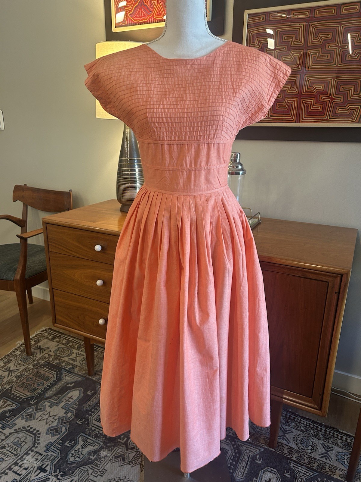Vintage 50s Doris Dodson Juniors Peach Cotton Dress Pin Tucked Pleated Skirt XS