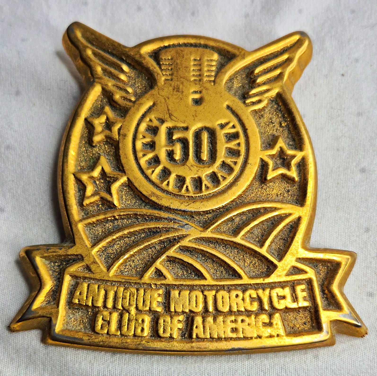 Vintage 2004 AMCA 50th Anniversary Brass Fender Badge 3\ Vintage 2004 AMCA 50th Anniversary Brass Fender Badge 3\