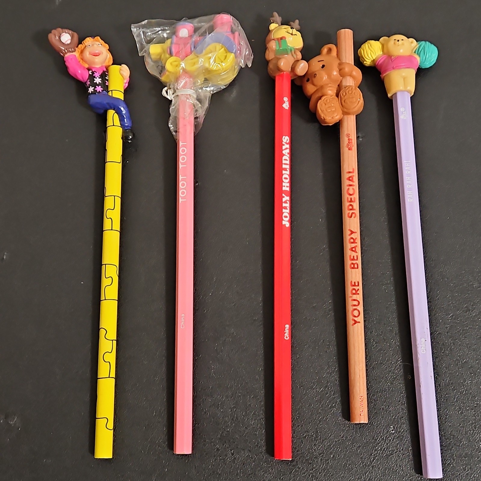 Lot of 5 Russ Berrie Vintage 80s 90s Pencils Toppers Train, Puzzle Place, Cheer Lot of 5 Russ Berrie Vintage 80s 90s Pencils Toppers Train, Puzzle Place, Cheer