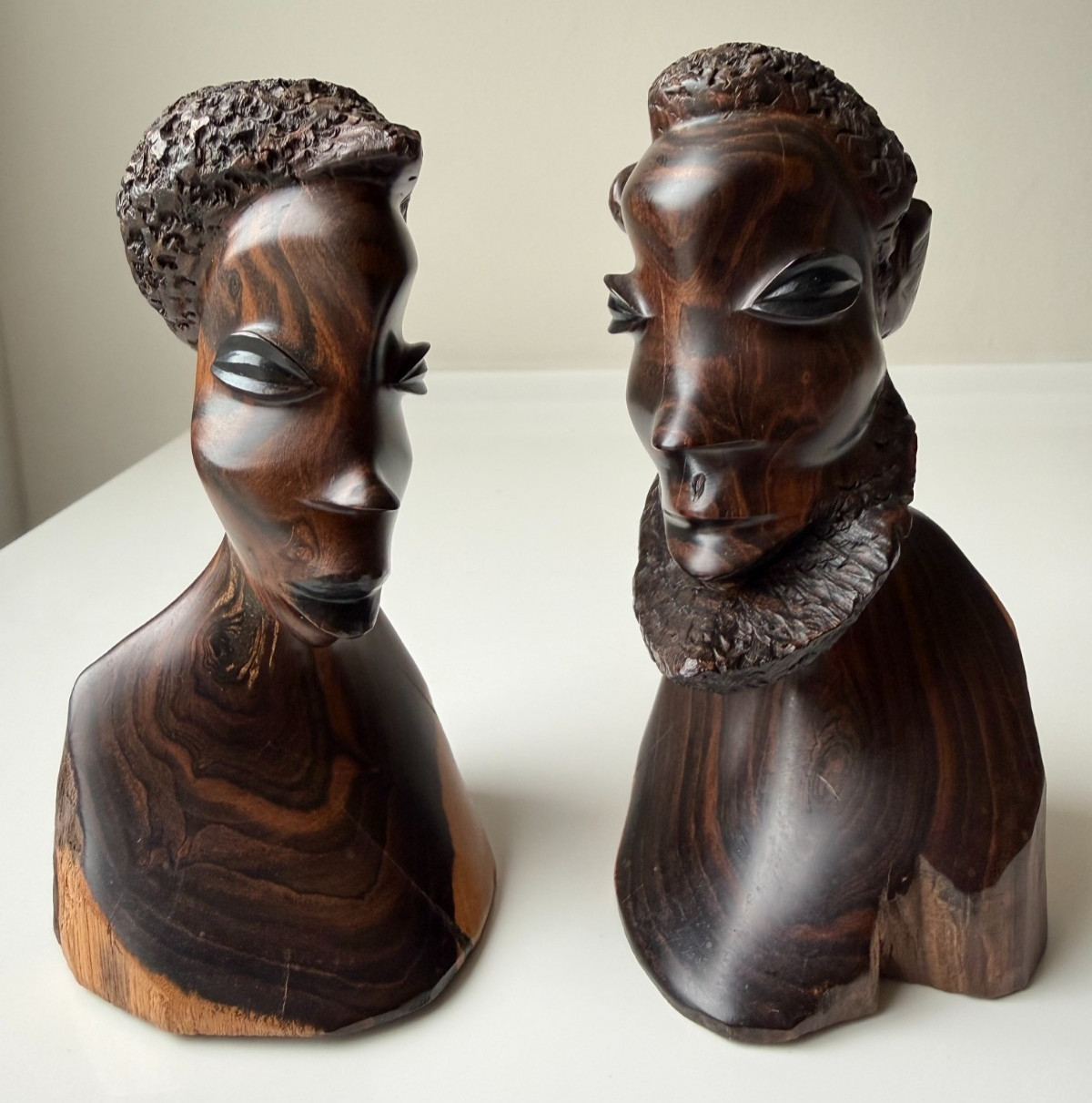 Vintage Pair African Beautifully Hand-Carved Ebony Wood Male & Female Busts 5\ Vintage Pair African Beautifully Hand-Carved Ebony Wood Male & Female Busts 5\