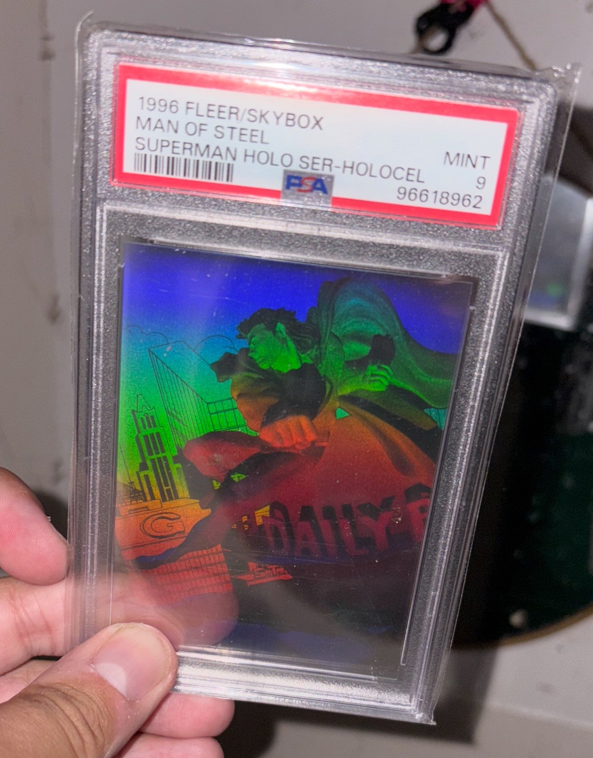 1996 Fleer/Skybox Man Of Steel/Superman Holocel Clear Card, PSA Graded Mint 9 1996 Fleer/Skybox Man Of Steel/Superman Holocel Clear Card, PSA Graded Mint 9