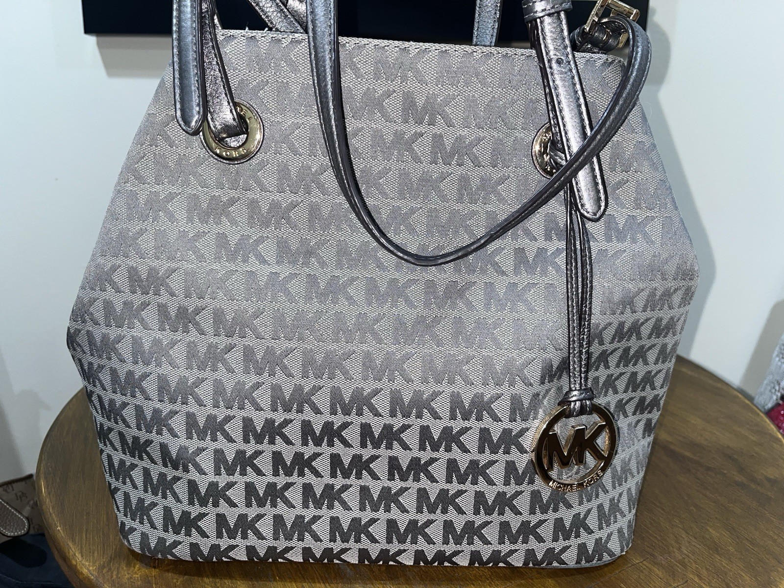 Michael Kors Gray MK Logo Satchel Top Handle Double Handles Gold Hardware Michael Kors Gray MK Logo Satchel Top Handle Double Handles Gold Hardware