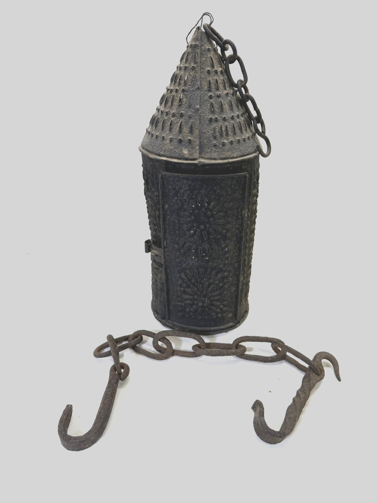 Antique 1700s-1800s Punched Pierced Tin Candle Lantern With Iron Hanging Hook