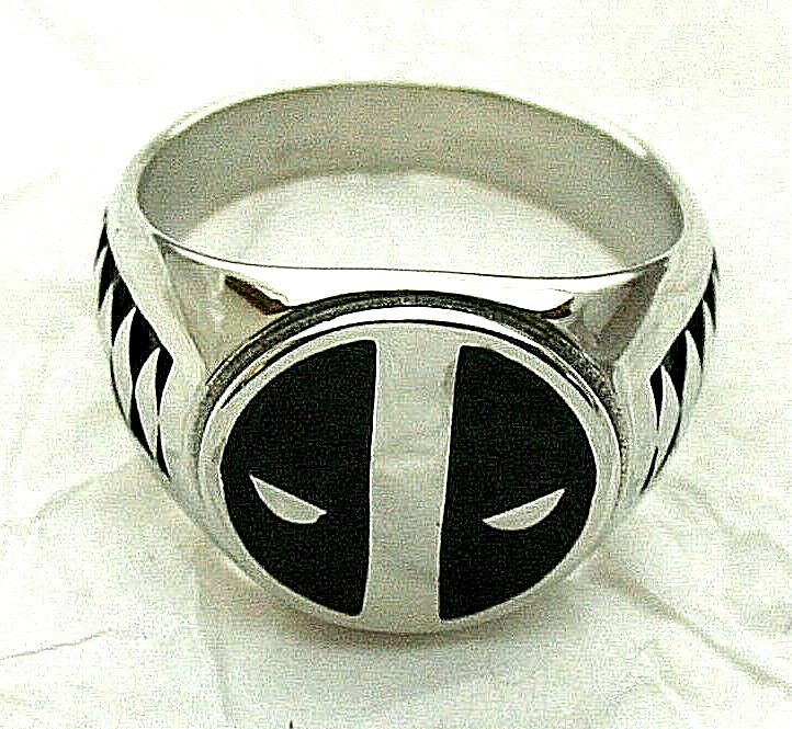 Marvel Comics Deadpool Logo Stainless Steel Black Enamel Ring New NOS Box Sz 12