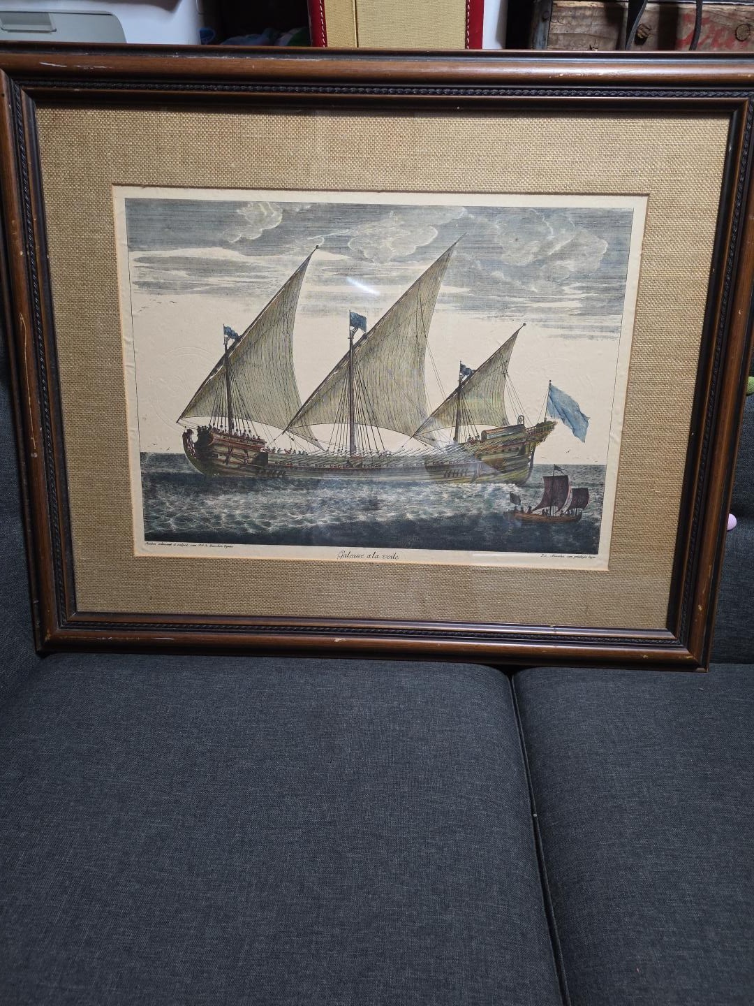 Antique Claude Randon Galeasse a la Voile Ship Engraving Passebon Framed 32x26