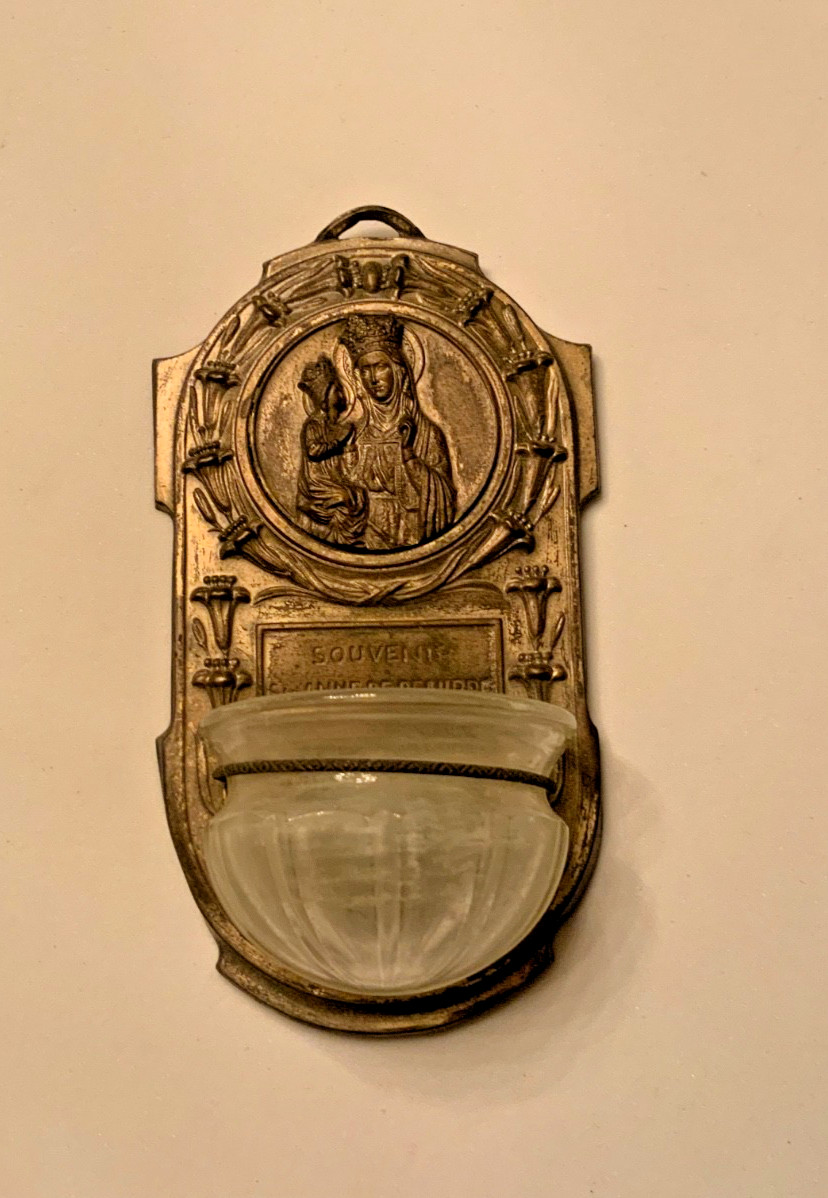 St. Anne De Beaupre Holy Water Font Souvenir Holding The Child Mary  Metal Glass