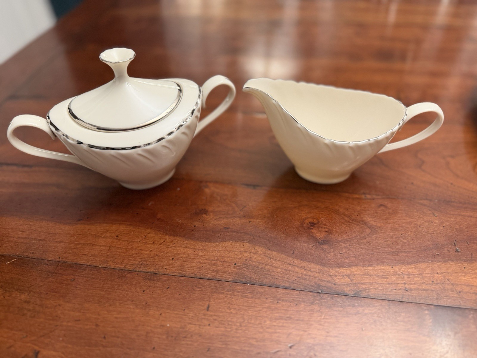 Vintage Lenox Weatherly Creamer and Lidded Sugar Bowl Set Ivory Platinum Swirl