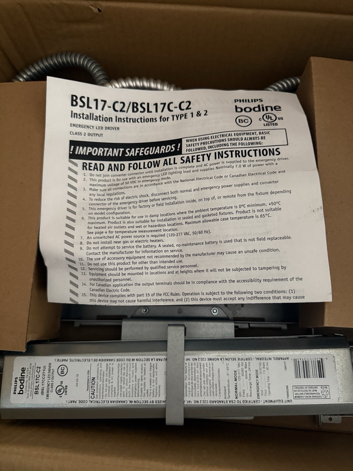 Philips Bodine BSL17C-C2 Type 1 & 2 Emergency LED Lighting Ballast BSL17-C2 Philips Bodine BSL17C-C2 Type 1 & 2 Emergency LED Lighting Ballast BSL17-C2