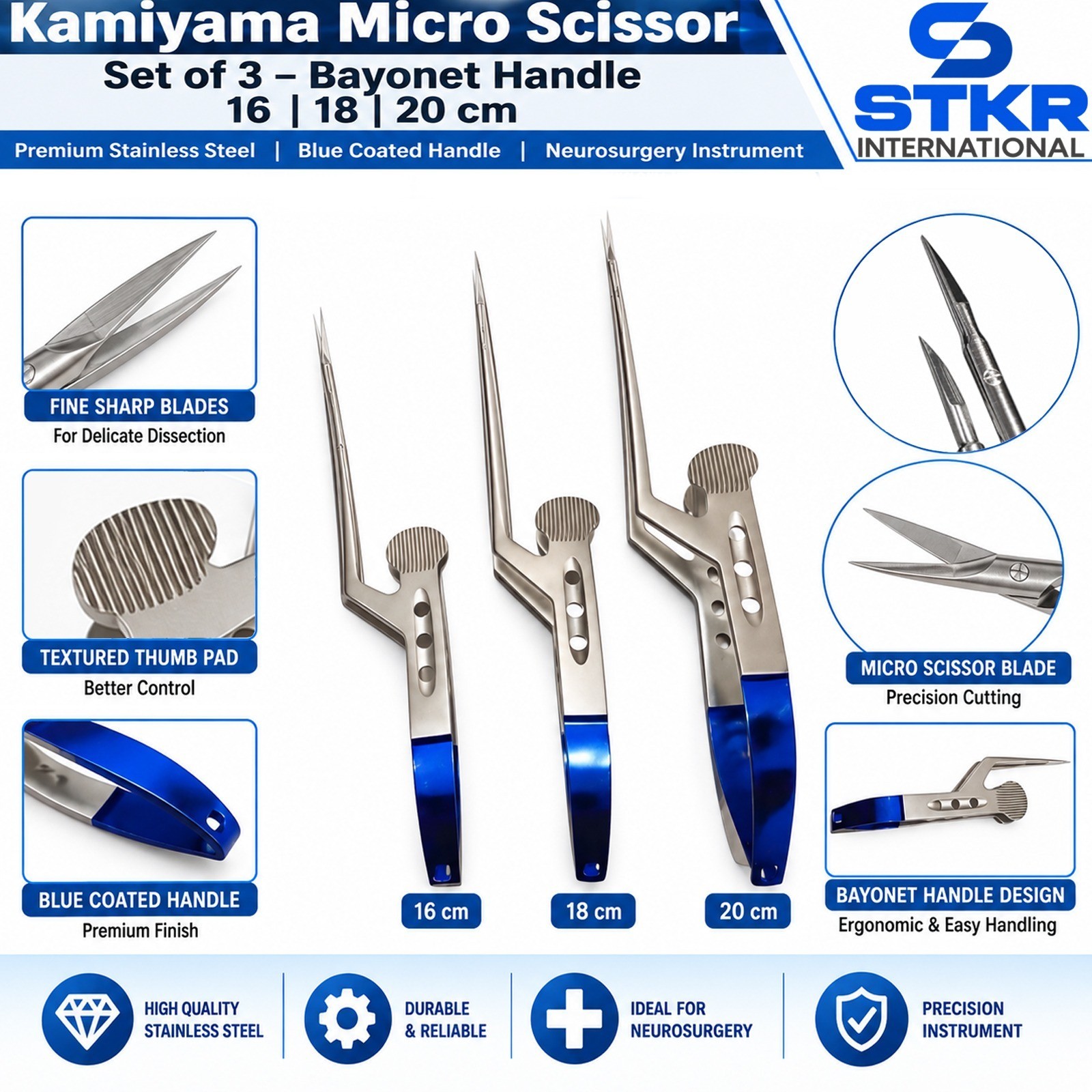 Kamiyama Micro Scissor Bayonet Handle Set 3 Bayonet Straight Sharp 16- 18-20cm Kamiyama Micro Scissor Bayonet Handle Set 3 Bayonet Straight Sharp 16- 18-20cm