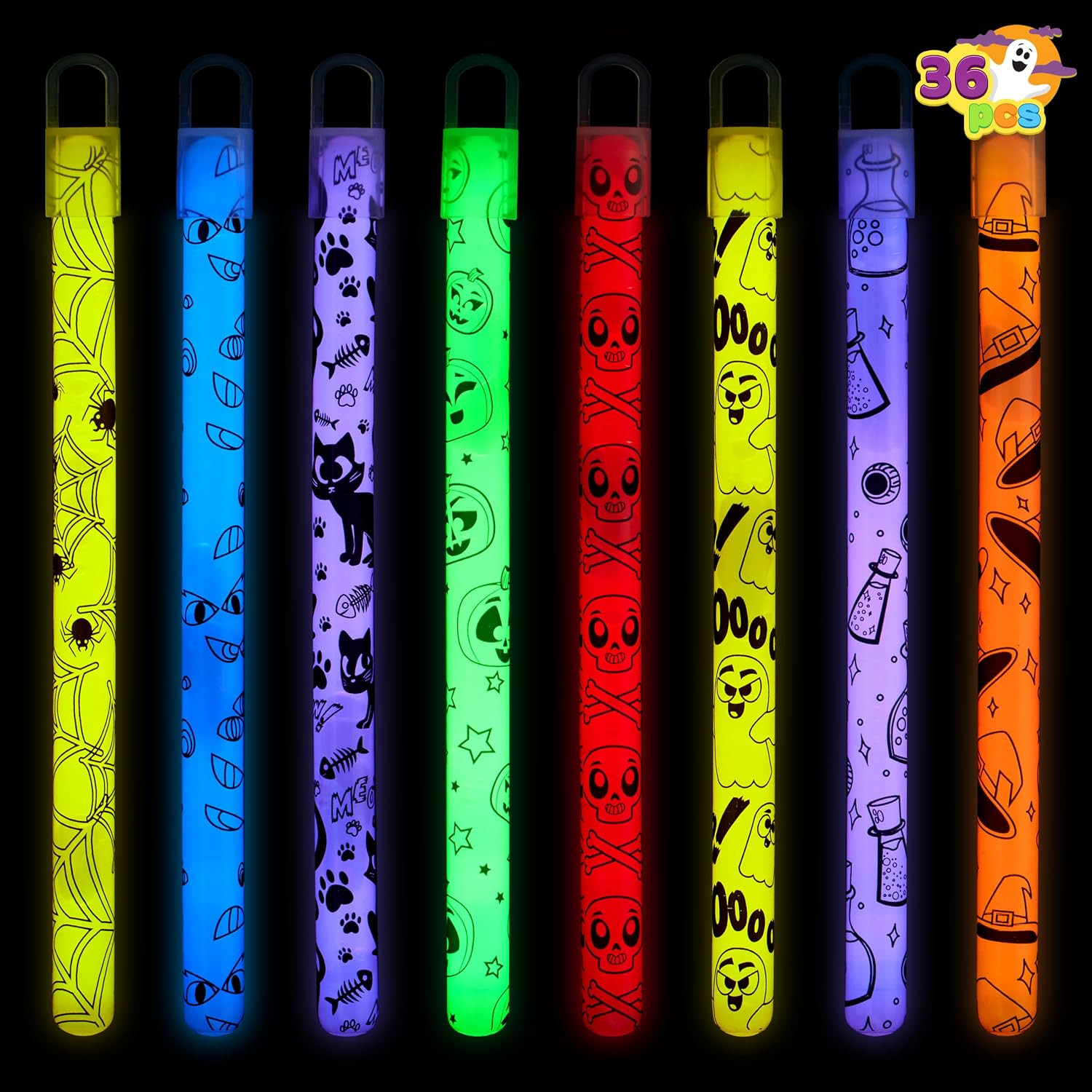 JOYIN 36 Pcs Halloween Glow Sticks Bulk Party Pack, Hanging Wands in 8 Design, 6 JOYIN 36 Pcs Halloween Glow Sticks Bulk Party Pack, Hanging Wands in 8 Design, 6