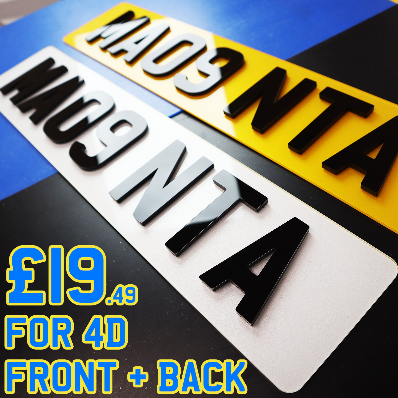 FRONT + BACK 3D 4D Number Plates Road Legal 3MM RAISED ACRYLIC Vehicle License FRONT + BACK 3D 4D Number Plates Road Legal 3MM RAISED ACRYLIC Vehicle License