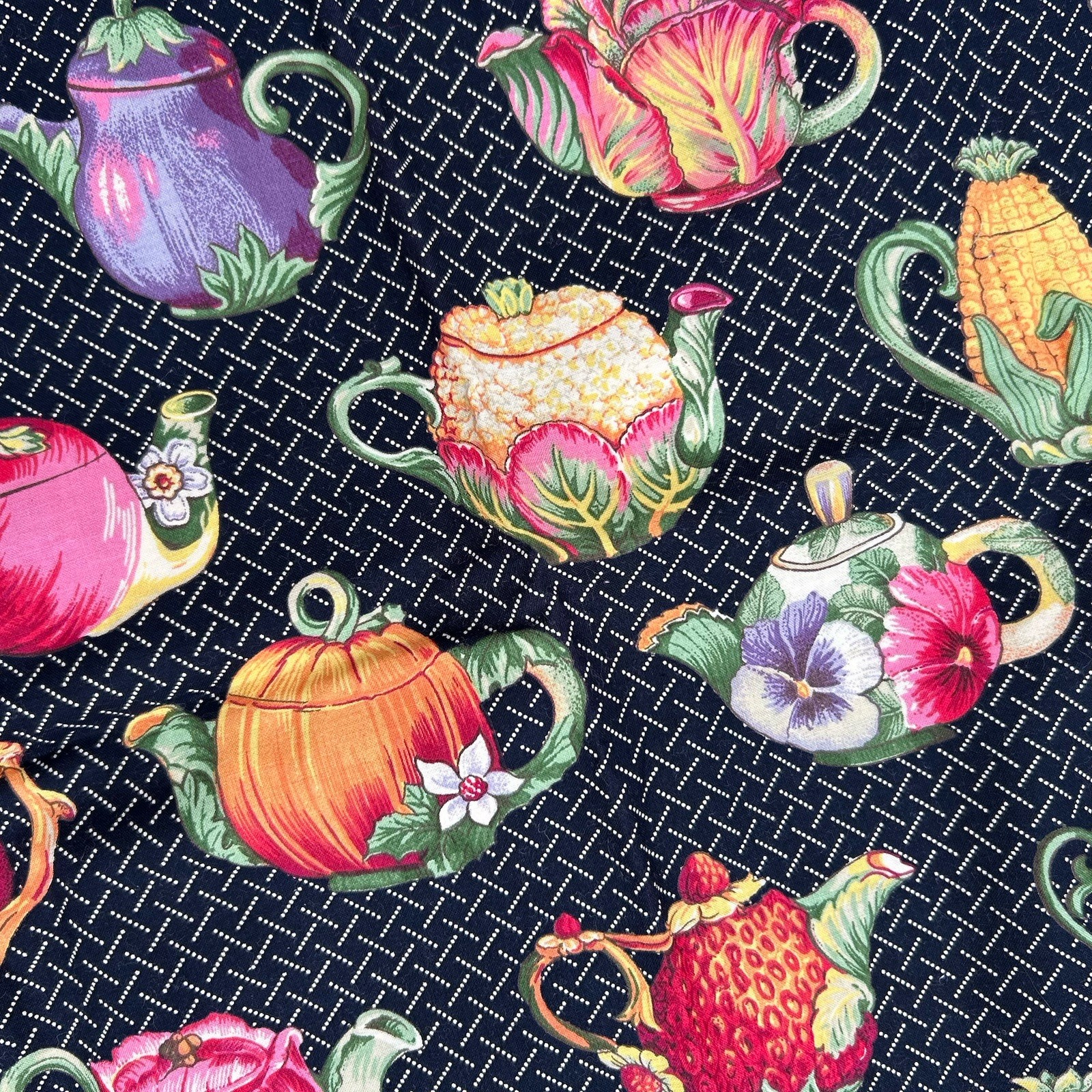 VTG Sharon Kessler Concord Fabric Afternoon Tea 2 Yds Fruit Teapot Novelty Navy