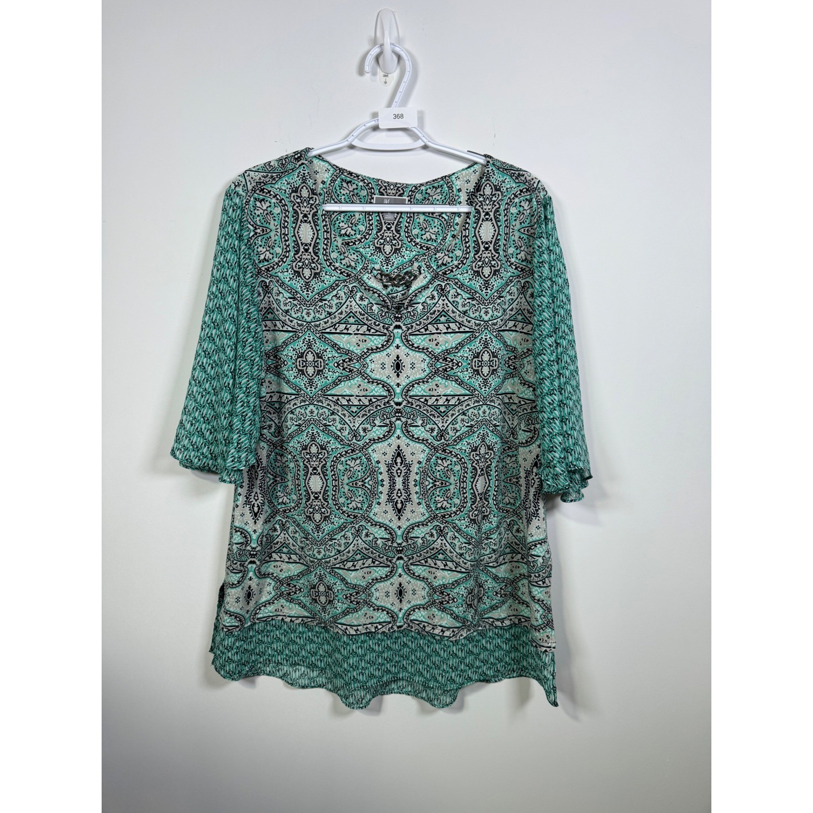 JM Collection Womens XL Teal Paisley Chain Neck 3/4 Bell Sleeve Blouse Top