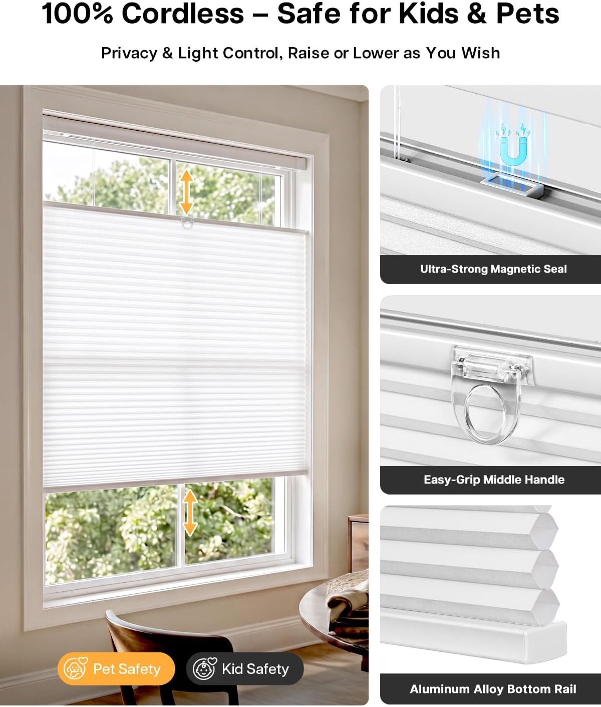 LazBlinds 34x64 TDBU Cordless Cellular Shade No Drill Light Filtering White