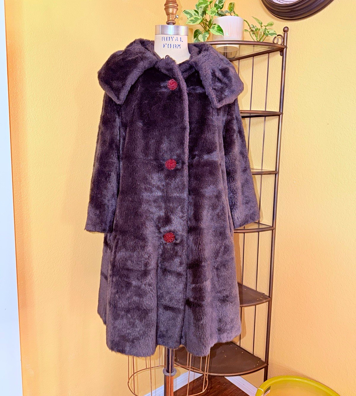 Vintage 60s 70s Faux Fur Swing Coat Shawl Collar Red Buttons