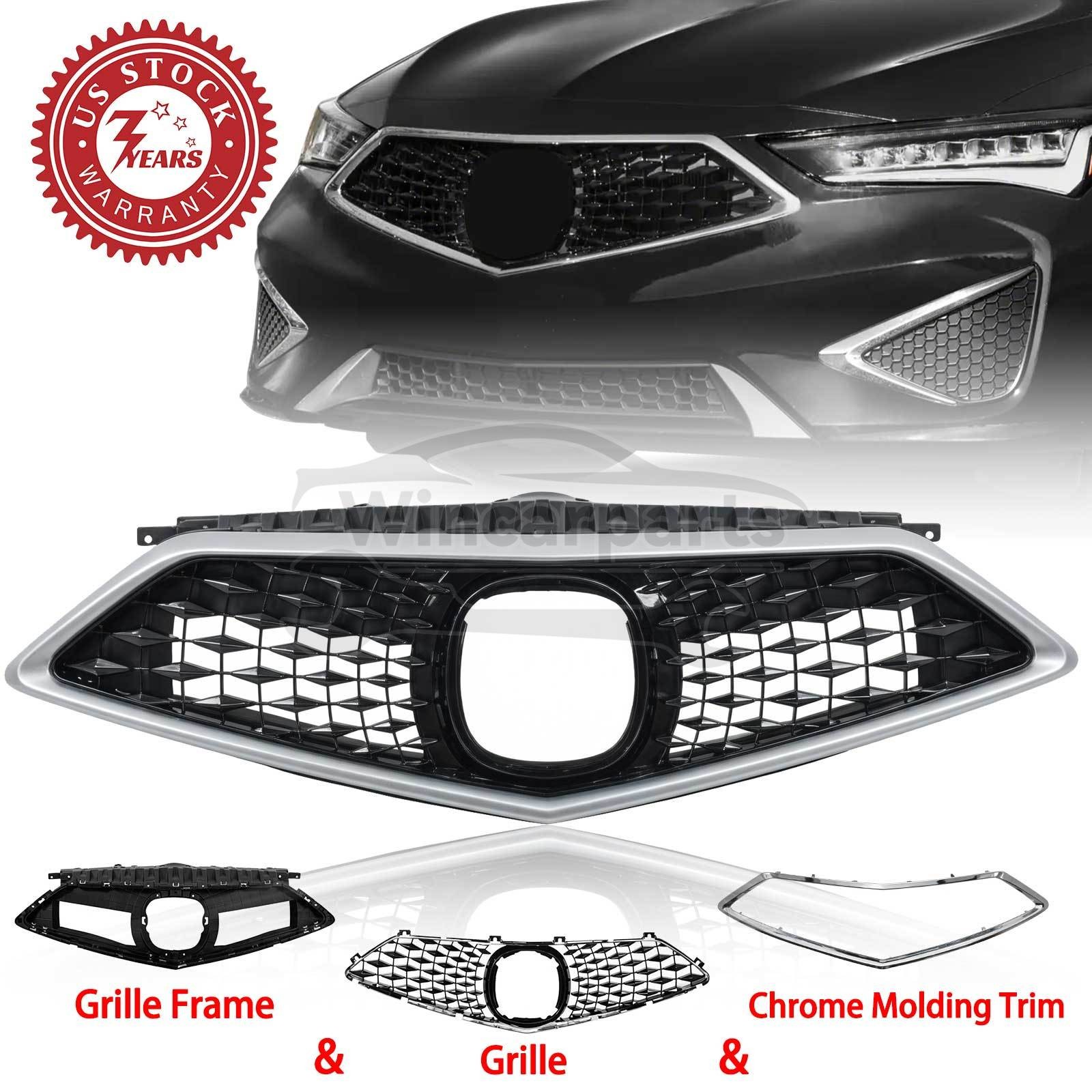 3PCS Front Bumper Grille W/ Grill Frame Chrome Molding Kit For 2019-22 Acura ILX