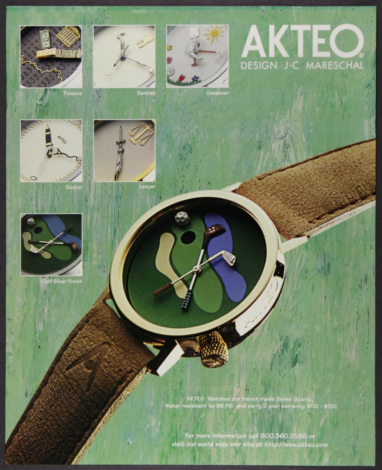 Akteo Golf Watch French Made Vintage Print Ad April 1997