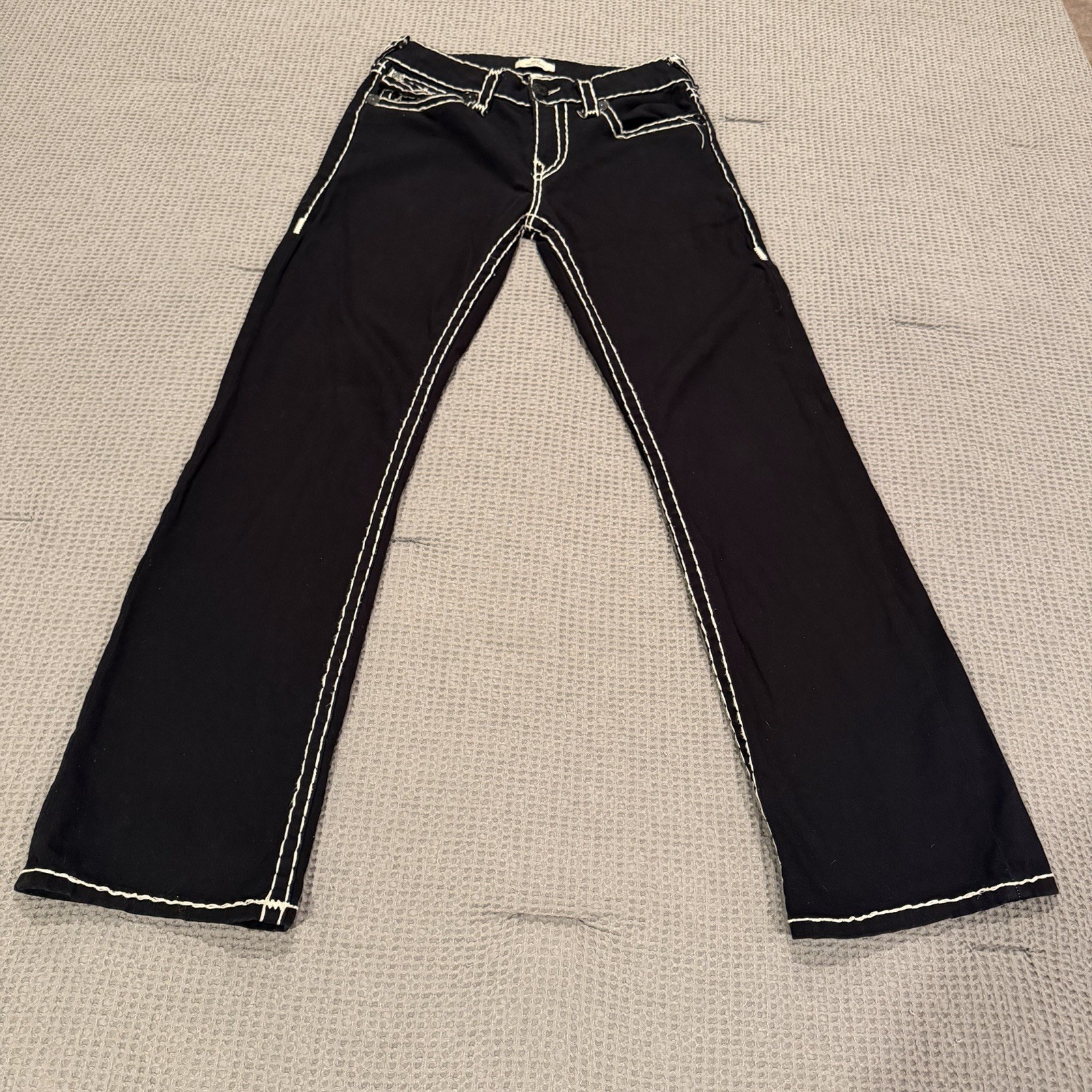 True Religion Jeans Men\'s 31x33 Bootcut Super T Black Flap White Stitch Billy