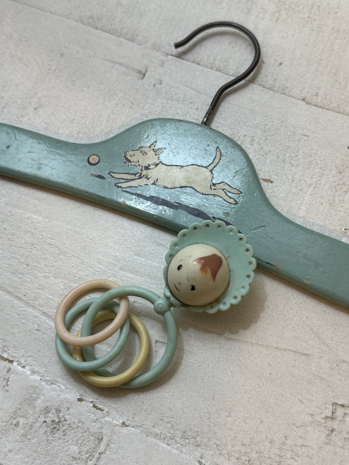 vintage 1930s to 1940s Art Deco wooden child\'s clothes hanger and baby rattle vintage 1930s to 1940s Art Deco wooden child\'s clothes hanger and baby rattle