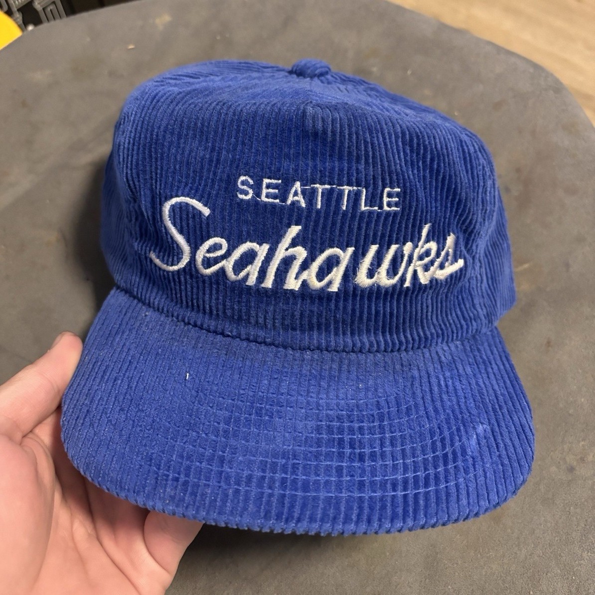 Vintage Sports Specialties Seattle Seahawks Blue Corduroy Snapback Hat Cap NFL Vintage Sports Specialties Seattle Seahawks Blue Corduroy Snapback Hat Cap NFL