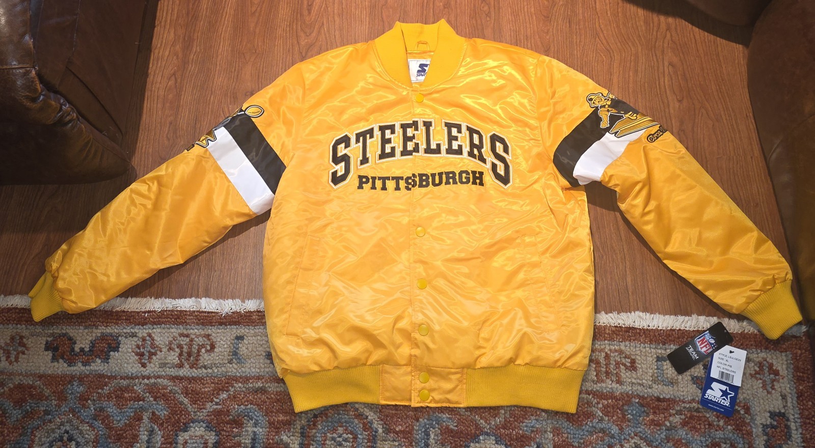 RARE NWT Starter Pittsburgh Steelers Yellow Gold Satin Bomber Jacket XL Snap Up 
