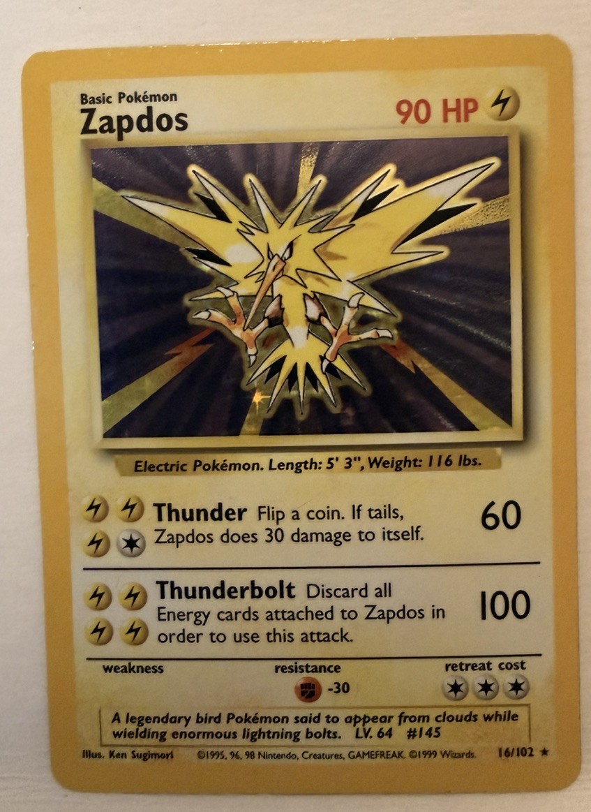 1999 Pokemon Unlimited Zapdos Rare Holo #16/102 1999 Pokemon Unlimited Zapdos Rare Holo #16/102