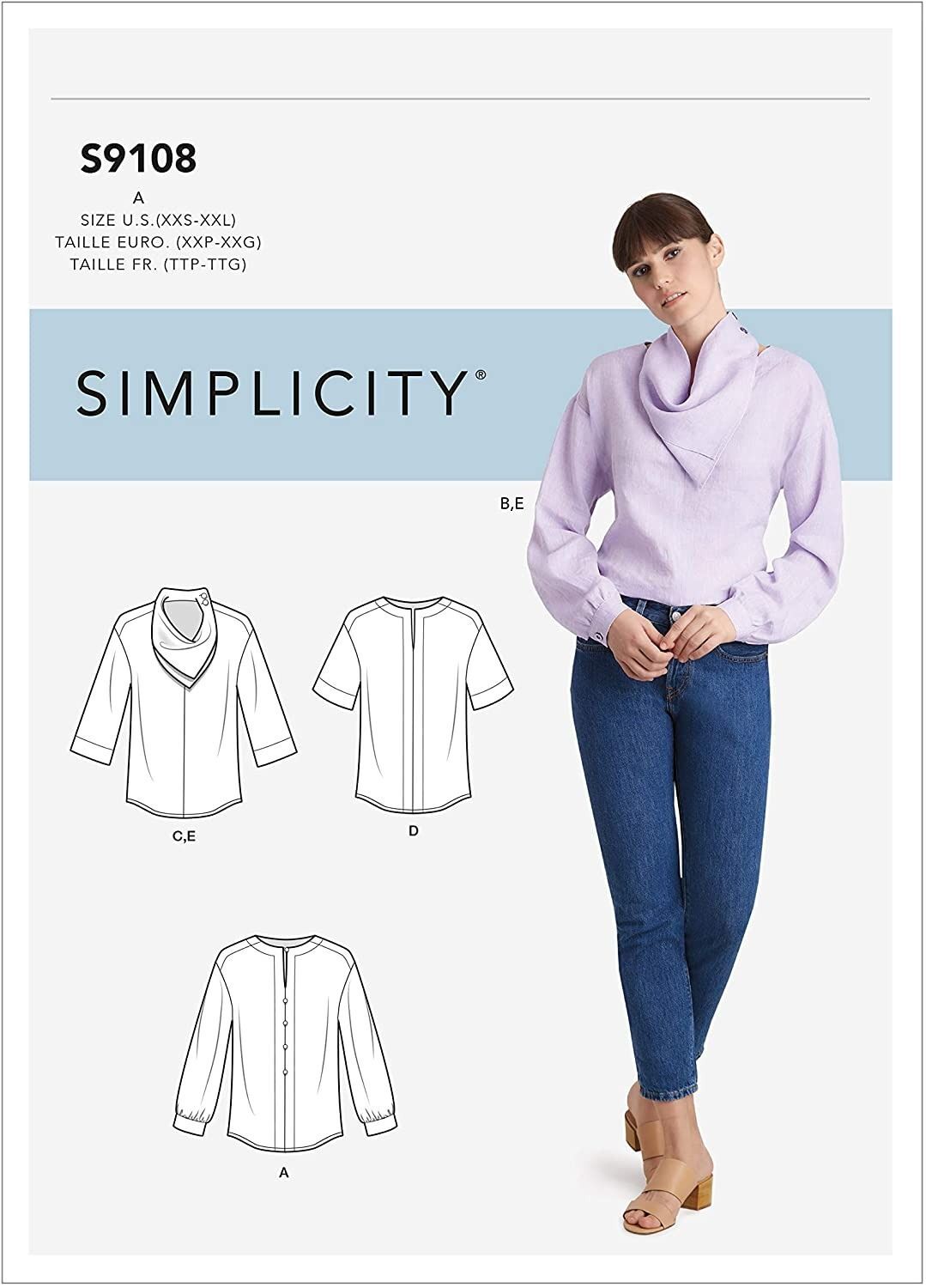 Simplicity Sewing Pattern S9108 R10495 Tops Sleeve Variations Neck Scarf XXS-XXL